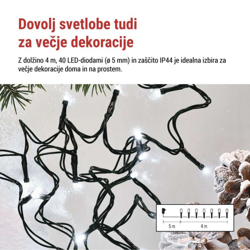 LED božična veriga, 4 m, zunanja in notranja, hladna bela, programi, časovnik