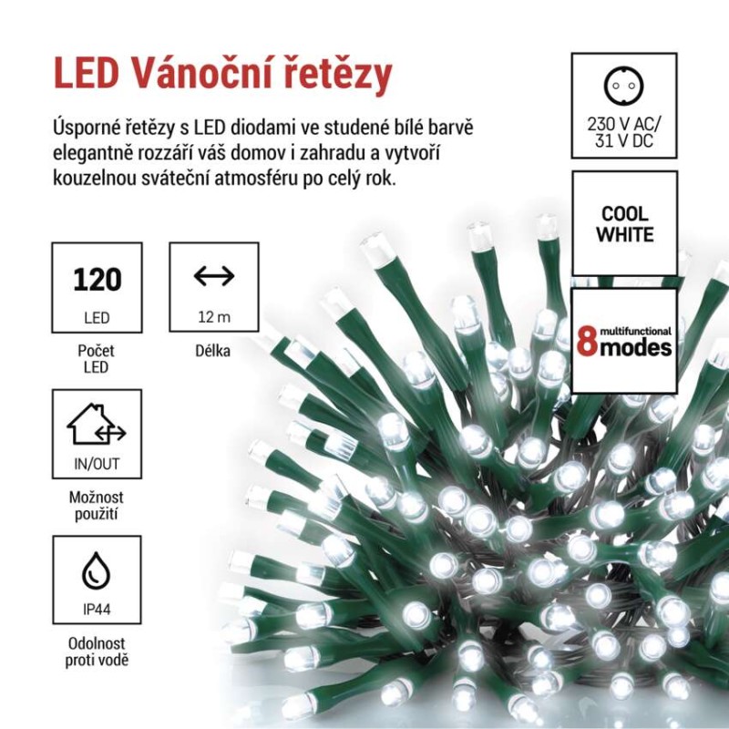 LED vánoční řetěz, 12 m, venkovní i vnitřní, studená bílá, programy, časovač