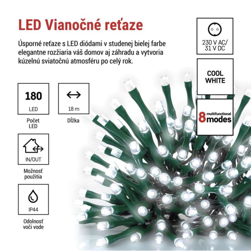 LED vianočná reťaz, 18 m, vonkajšia aj vnútorná, studená biela, programy, časovač