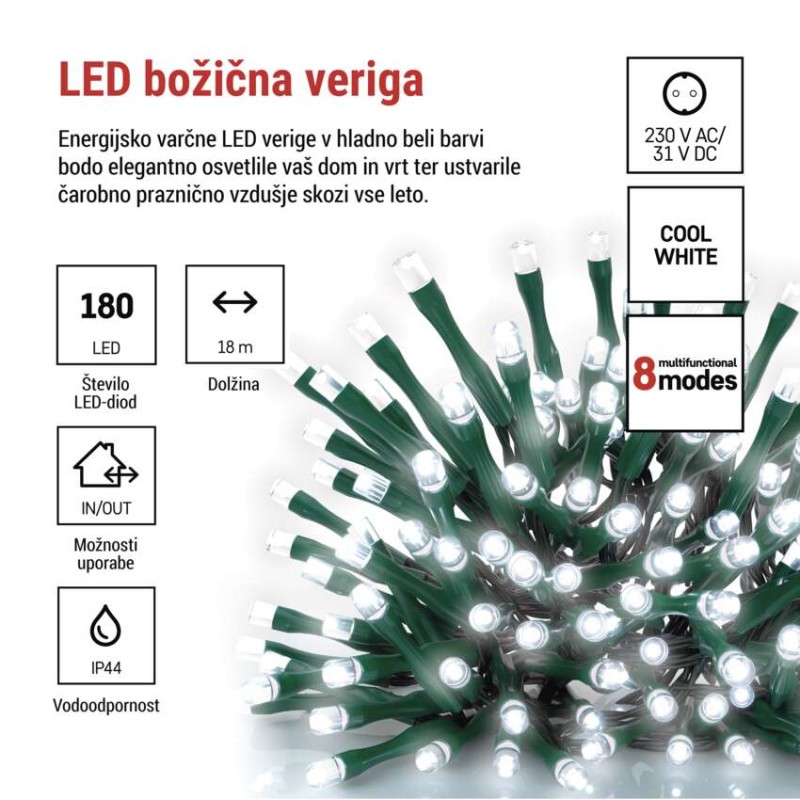 LED božična veriga, 18 m, zunanja in notranja, hladna bela, programi, časovnik