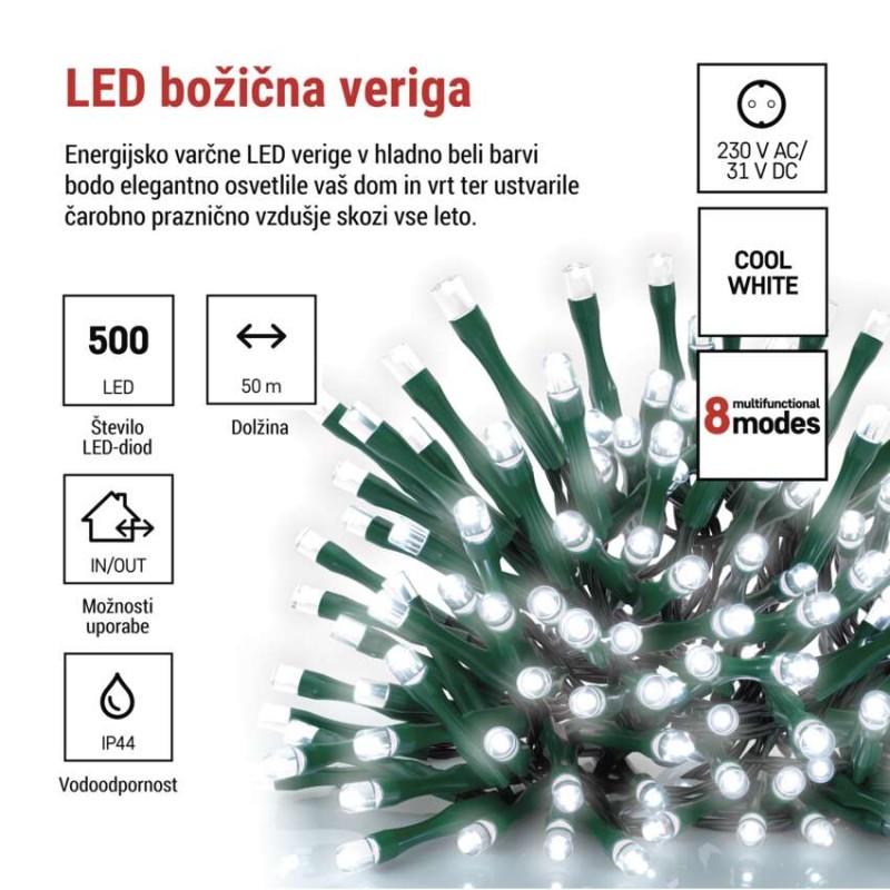 LED božična veriga, 50 m, zunanja in notranja, hladna bela, programi, časovnik