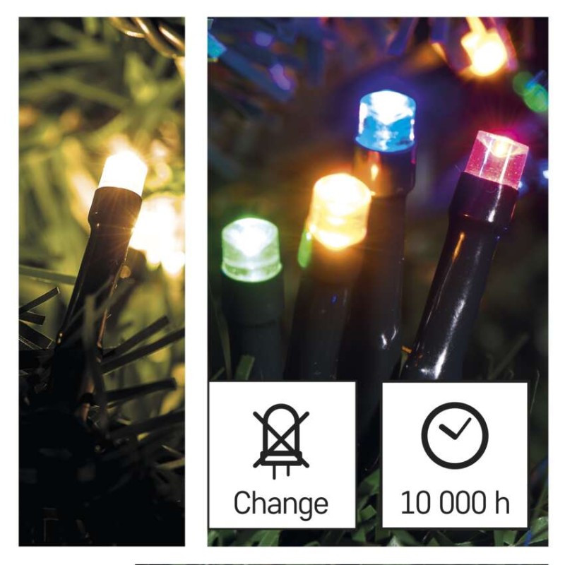 LED karácsonyi fényfüzér 2 az 1-ben, 10 m, kültéri és beltéri, meleg fehér/többszínű, prog