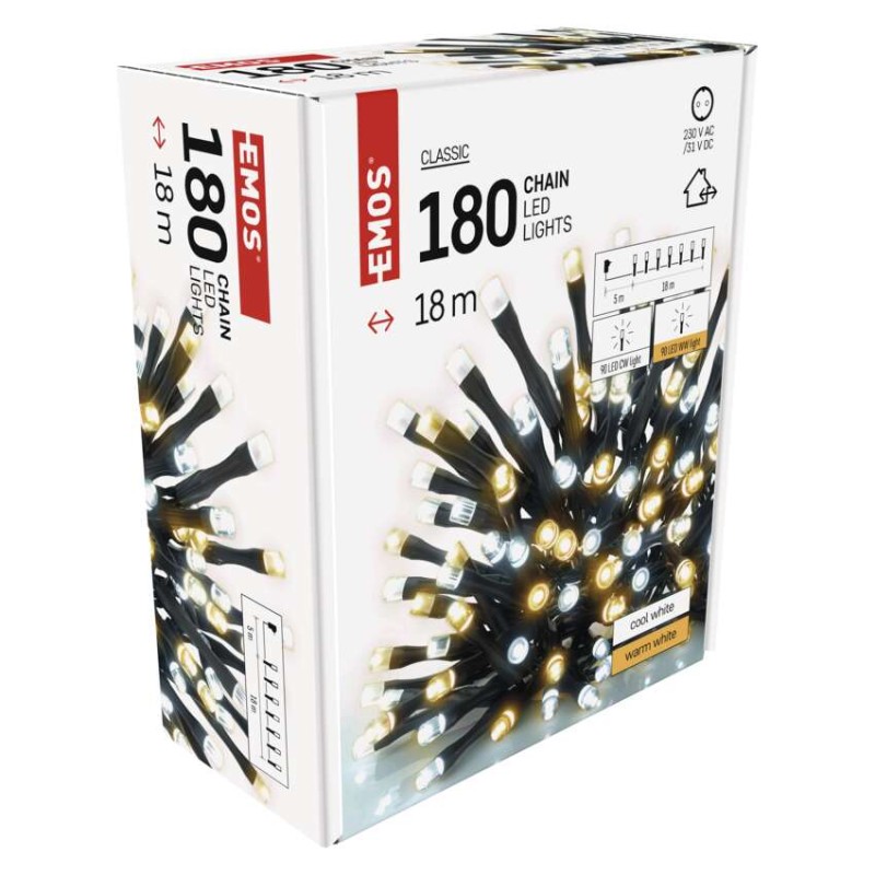 Lampki choinkowe Classic 180 LED 18m ciepła + zimna biel, zielony przewód, IP44, timer