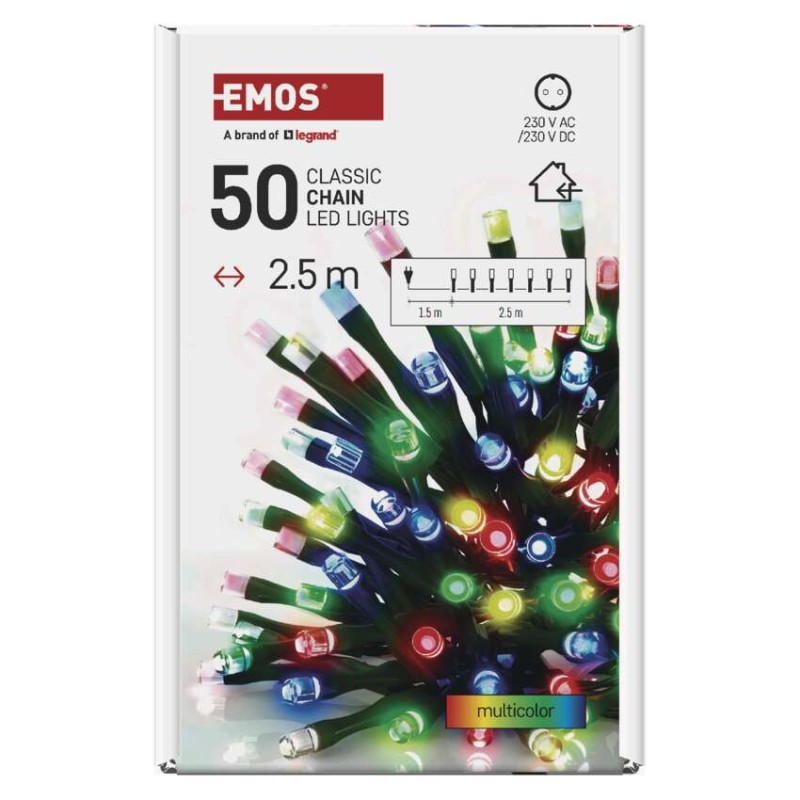 Lampki choinkowe Classic 50 LED 2,5m multikolor, zielony przewód, IP20
