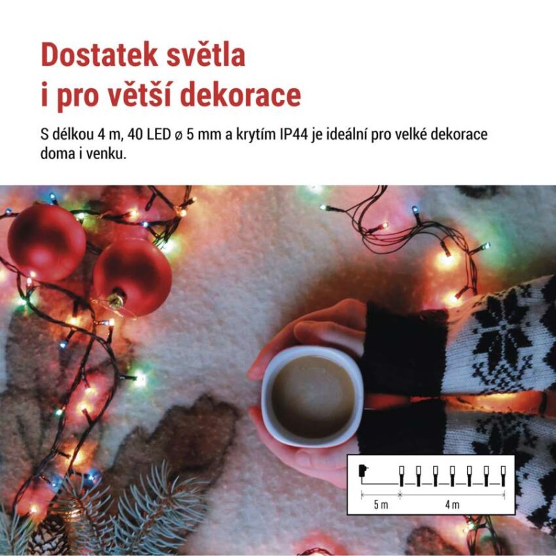 LED vánoční řetěz, 4 m, venkovní i vnitřní, multicolor, programy, časovač