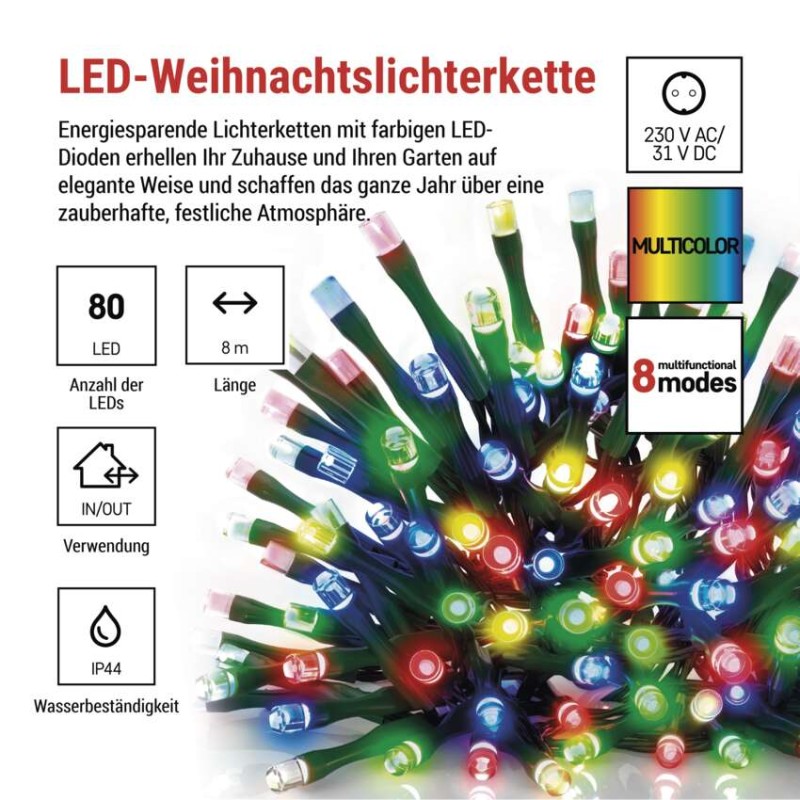 LED Weihnachtliche Lichterkette, 8 m, Außen/Innen, Multicolor, Programme, Timer