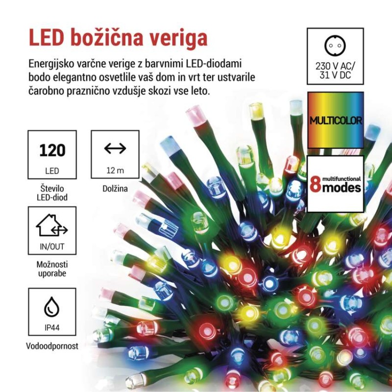 LED božična veriga, 12 m, zunanja in notranja, večbarvna, programi, časovnik