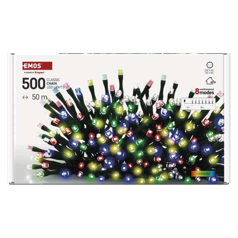 Lampki choinkowe Classic 500 LED 50m multikolor, ziel. przewód, IP44, 8 programów, timer