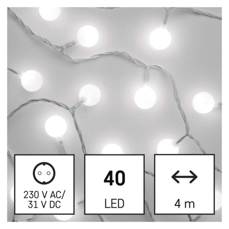 LED svetlobna cherry veriga – kroglice 2,5 cm, 4 m, zun. in notr., hladna bela, časovnik