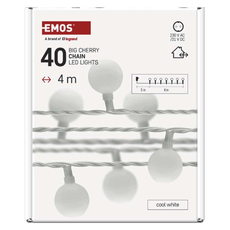 LED svetlobna cherry veriga – kroglice 2,5 cm, 4 m, zun. in notr., hladna bela, časovnik