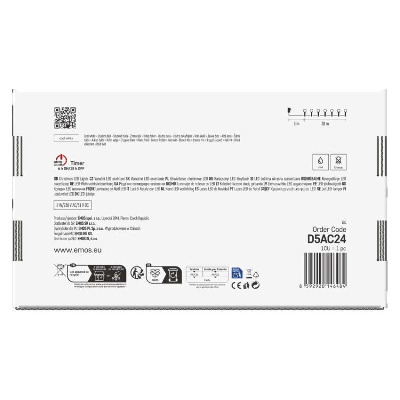 Lampki choinkowe 300 LED cherry 30m , zimna biel, zielony przewód, IP44, 8 programów, time