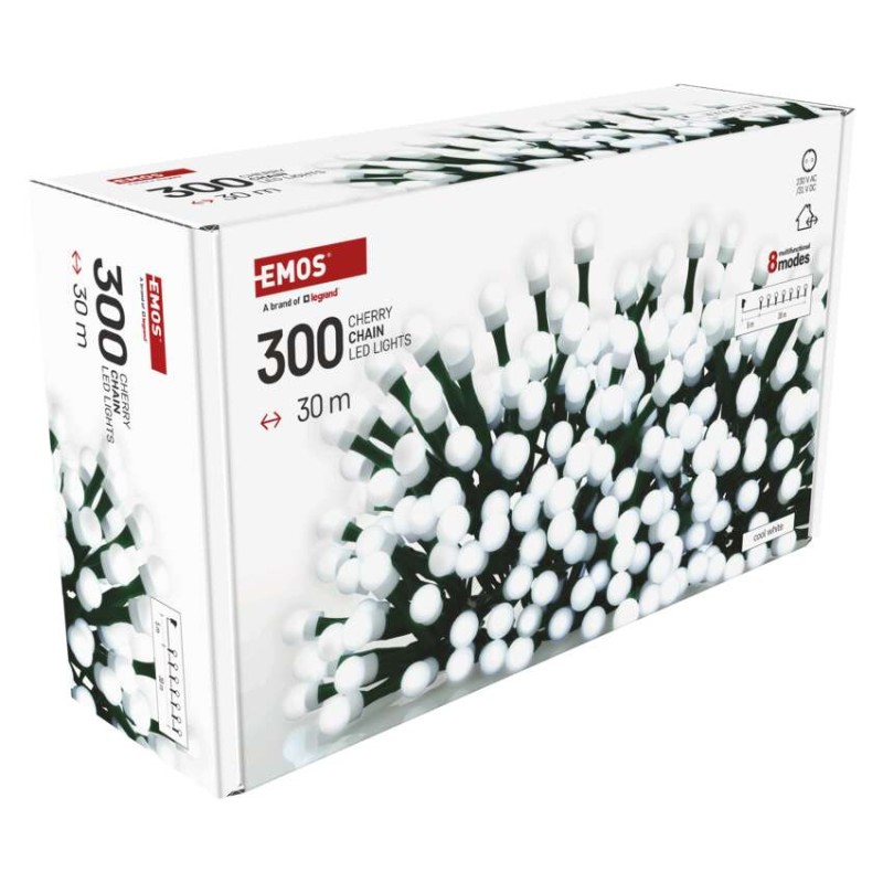 Lampki choinkowe 300 LED cherry 30m , zimna biel, zielony przewód, IP44, 8 programów, time