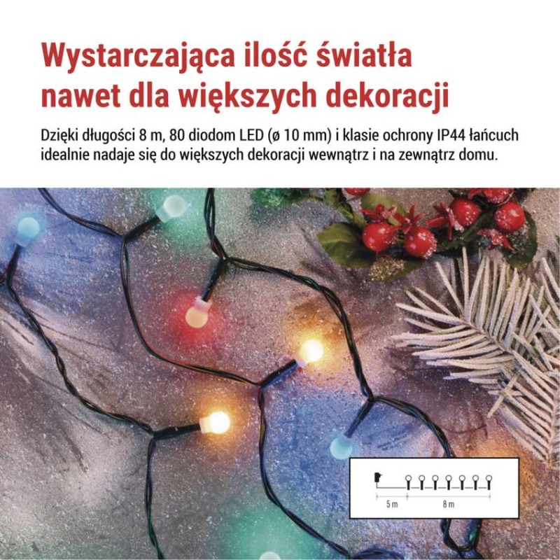 Lampki choinkowe 80 LED cherry 8m, multikolor, zielony przewód, IP44, 8 programów, timer