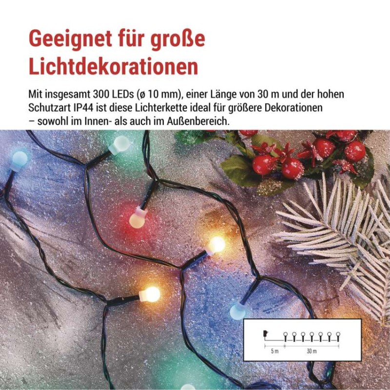 LED Weihnachtslichterkette Cherry–Kugeln, 30 m,Außen und Innen,Multicolor,Programme, Timer