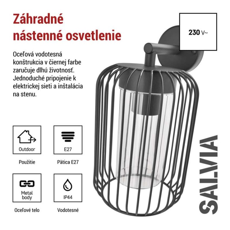 Zahradné nástenné svietidlo SALVIA, 20,8 x 16 x 28,5 cm, 1 x E27, 15 W