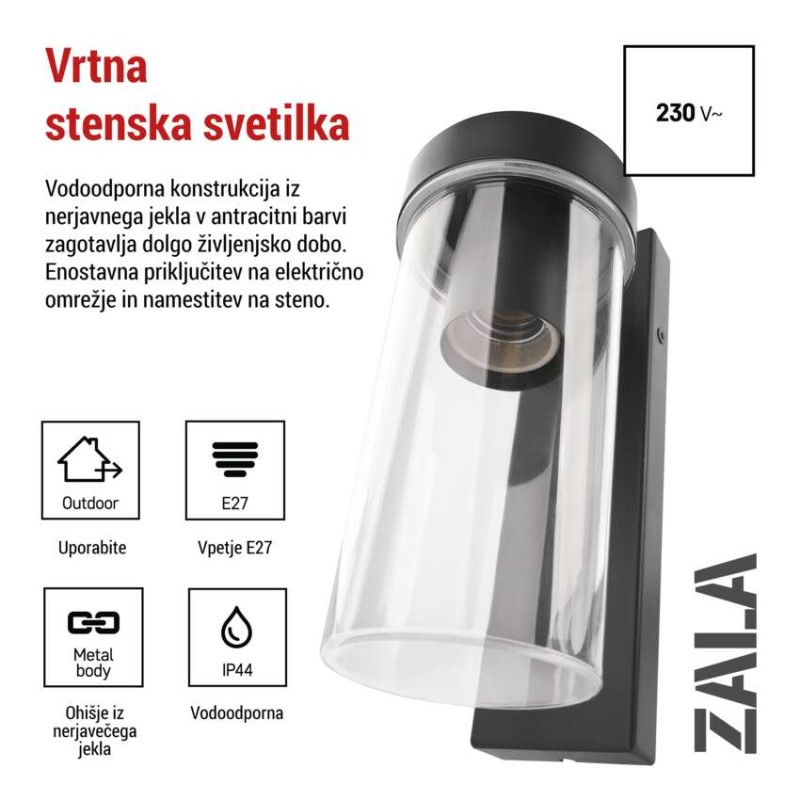 Vrtna stenska svetilka ZALA, 12,8 × 8,0 × 23,0 cm, 1 × E27, 15 W