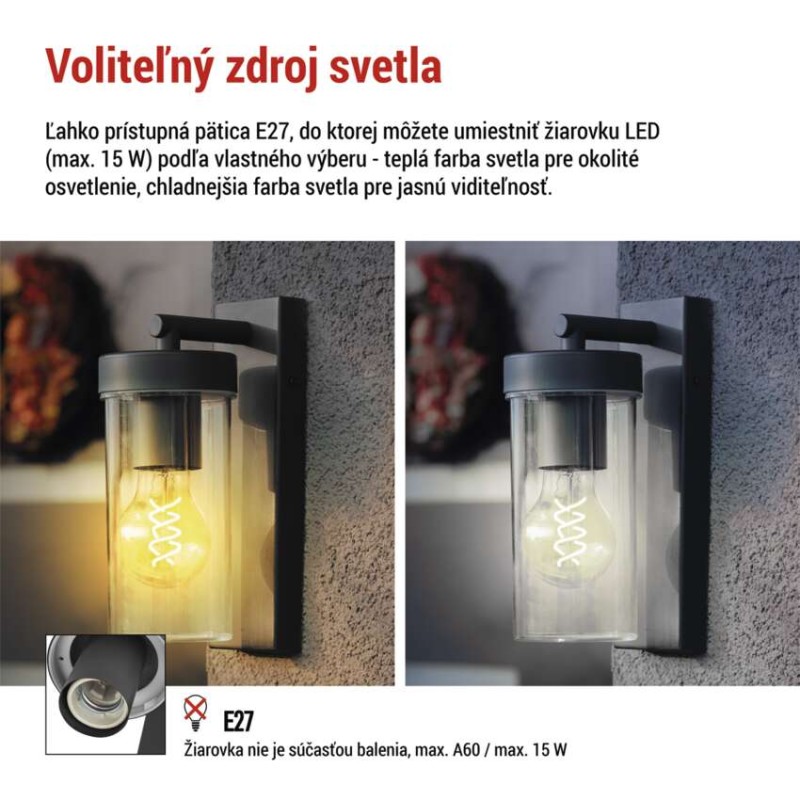 Záhradné nástenné svietidlo ZALA,  12,8 × 8,0 × 23,0 cm, 1 × E27, 15 W