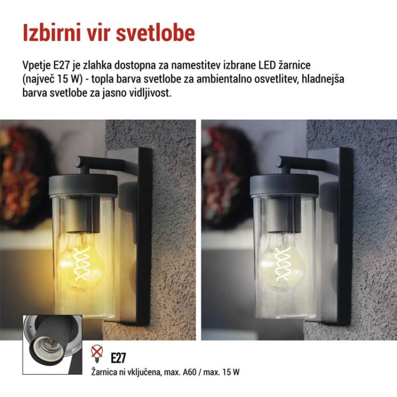 Vrtna stenska svetilka ZALA, 12,8 × 8,0 × 23,0 cm, 1 × E27, 15 W