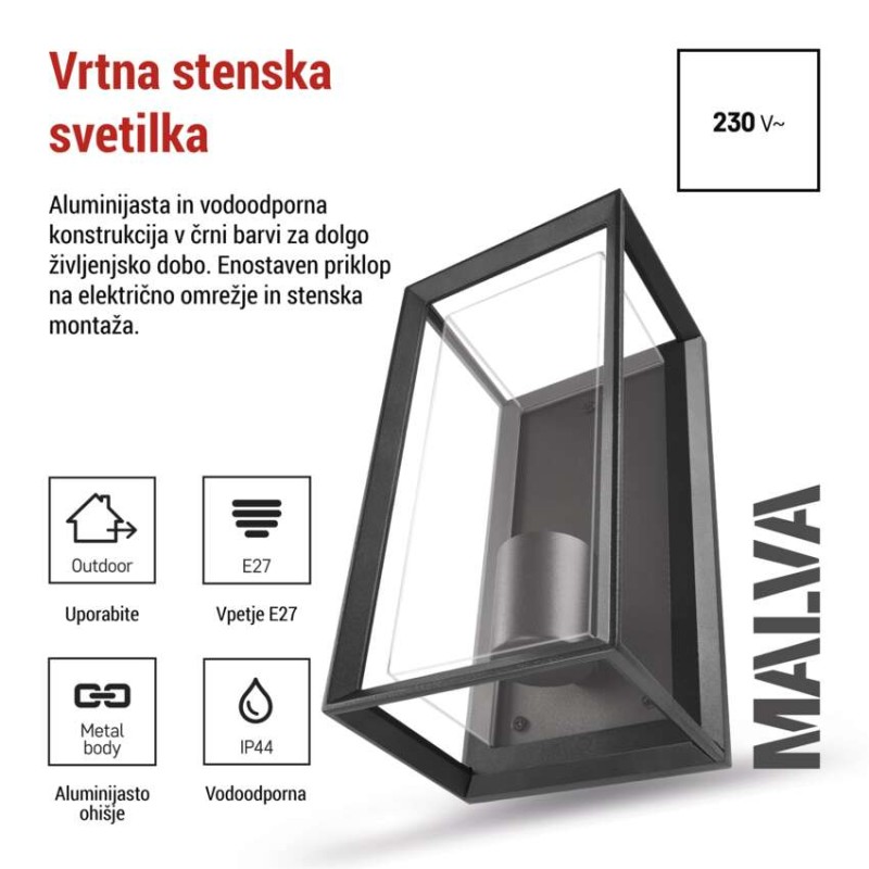 Vrtna stenska svetilka MALVA, 13 x 12 x 25 cm, 1 x E27, 15 W