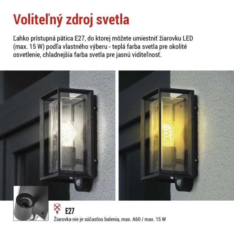 Záhradné nástenné svietidlo MALVA, senzor súmraku, 13 x 12,5 x 28 cm, 1 x E27, 15 W