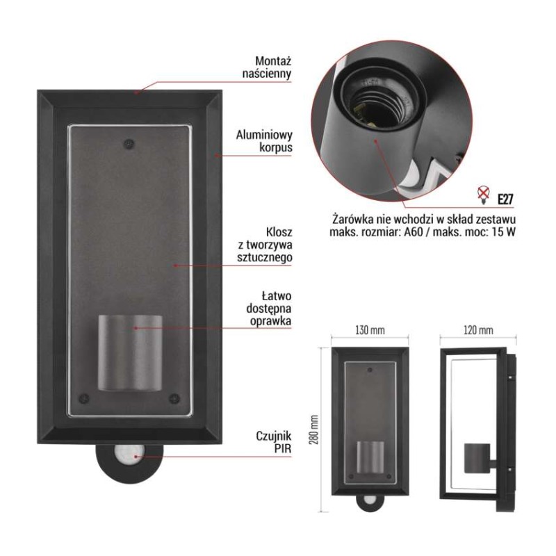 Lampa naścienna Garden MALVA, na żarówkę E27 max 15W, IP44, PIR