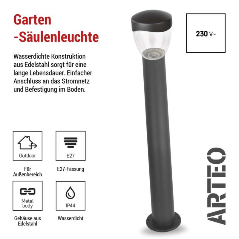 Garten-Pollerleuchte ARTEO, 12 x 12 x 80 cm, 1 x E27, 15 W