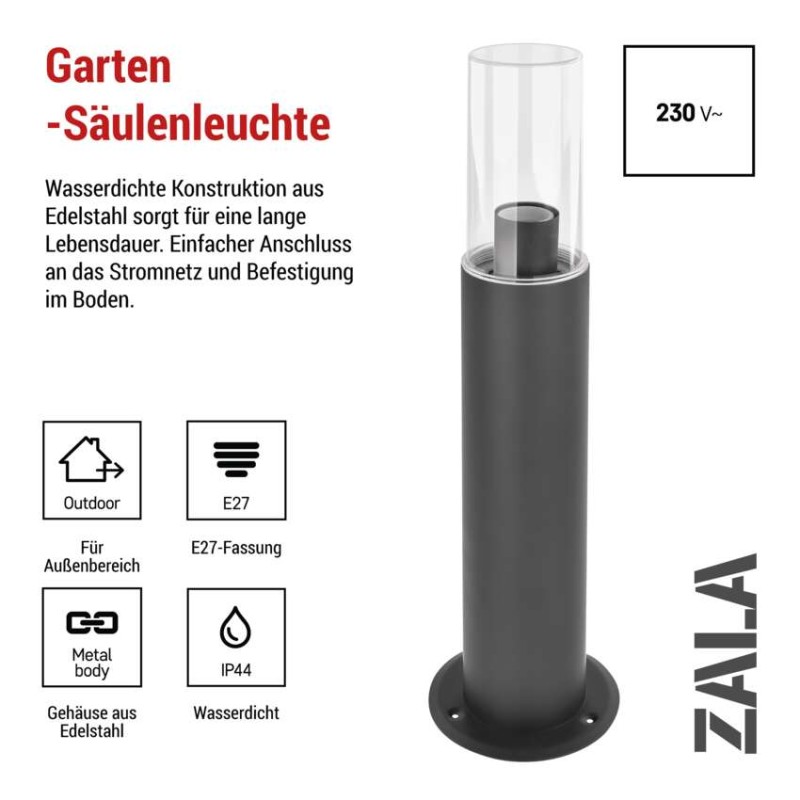 Garten-Pollerleuchte ZALA, 14 x 14 x 50 cm, 1 x E27, 15 W