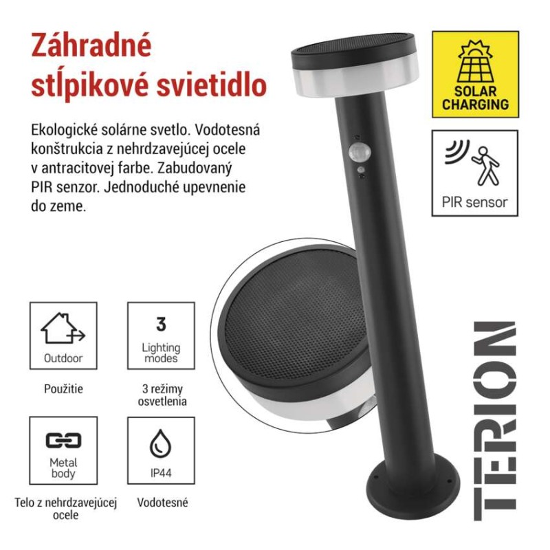 LED záhradné solárne stĺpikové svietidlo TERION, senzor súmraku, 12,5 x 12,5 x 50 cm