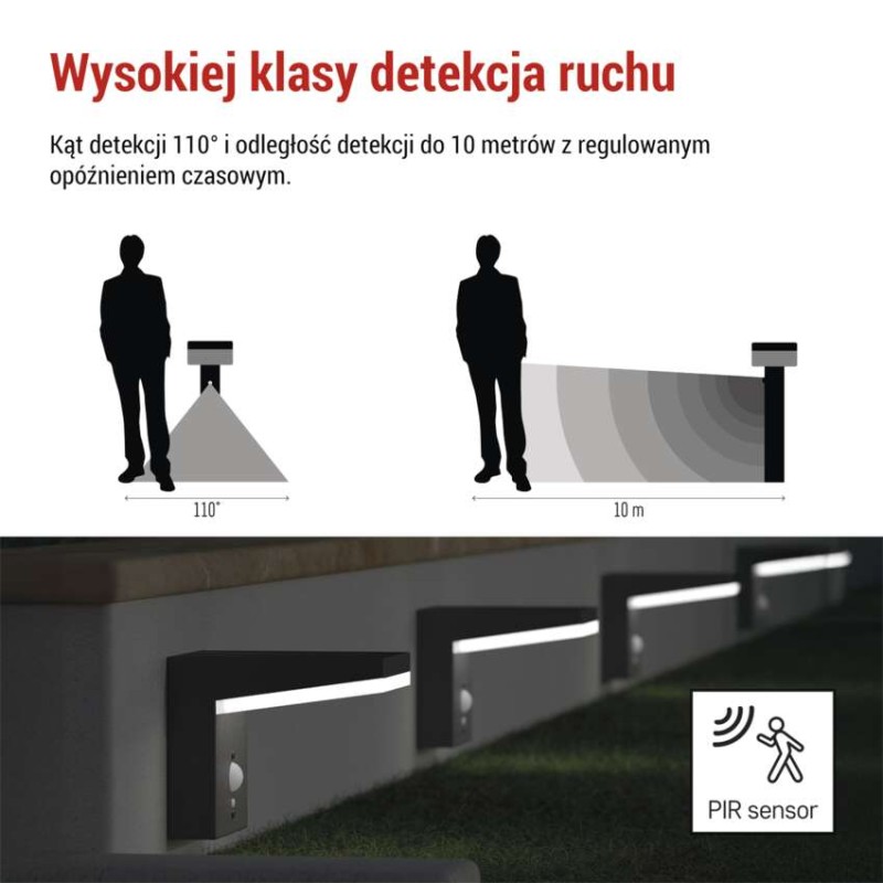 Lampa LED naścienna Garden VEREA solarna, ciepła biel, max 460 lm, IP44, PIR
