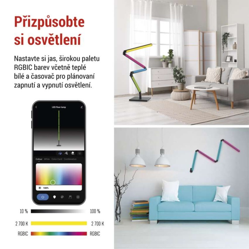 GoSmart LED stojací lampa, černá, 175 cm, teplá bílá / RGBIC WiFi