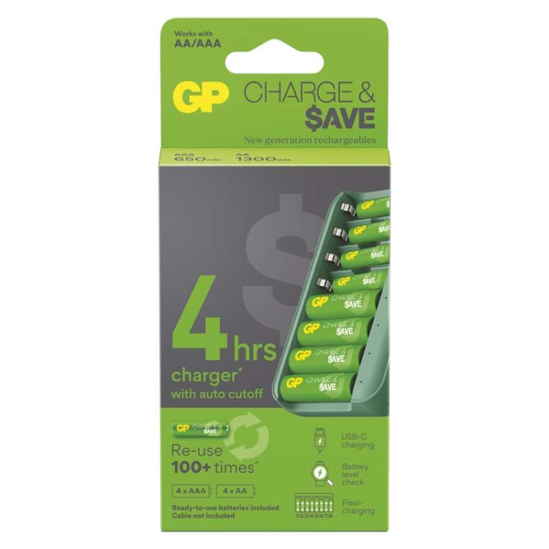 GP nabíjačka batérií Charge & save E822 + 4×AA 1300 mAh + 4×AAA 650 mAh