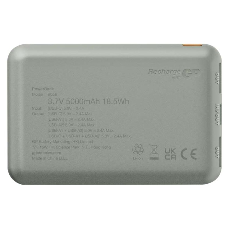 Power bank GP B+ Series, 5 000 mAh, 12 W, zelenošedá