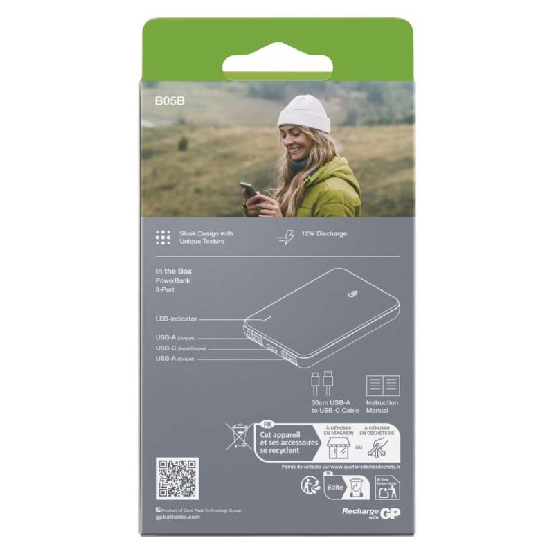 Power bank GP B+ Series, 5 000 mAh, 12 W, zelenošedá