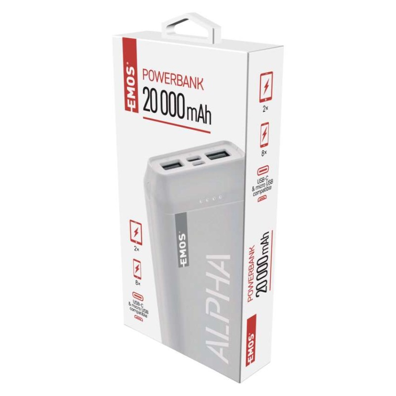Power bank EMOS Alpha 20, 20000 mAh, biely + kabel USB-C