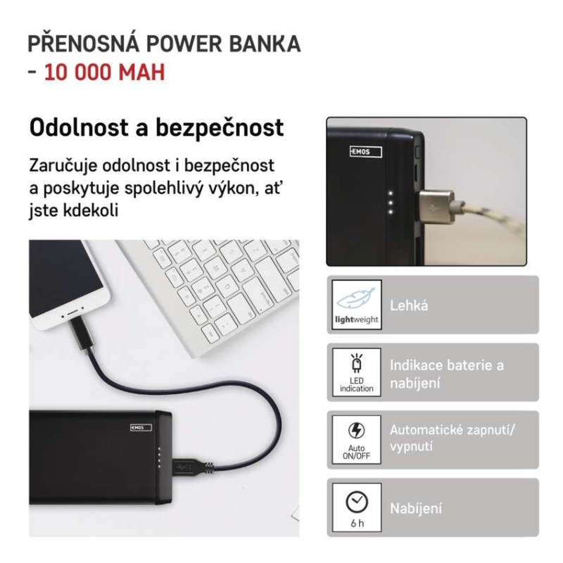 Powerbanka EMOS Alpha 10S, 10 000 mAh, 10 W, černá