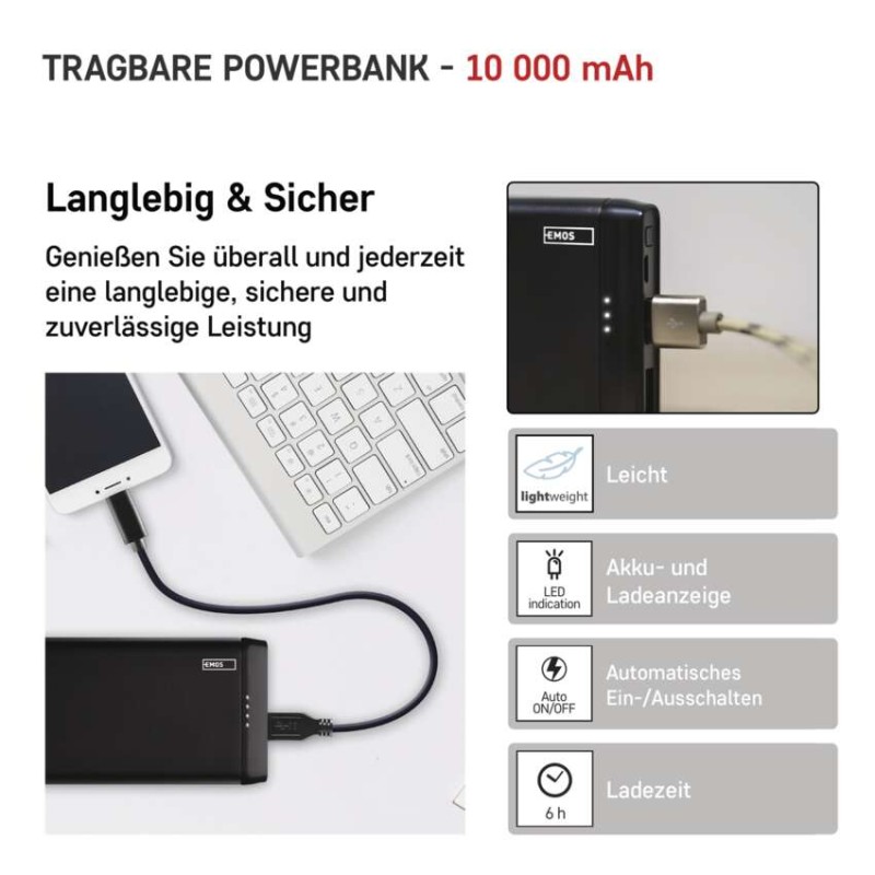 Powerbank EMOS Alpha 10S, 10 000 mAh, 10 W, schwarz