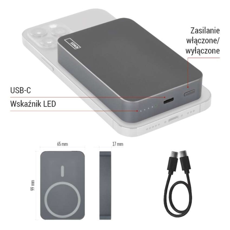 Powerbank EMOS WI 1046, 10 000 mAh, 20 W+Wireless, szary