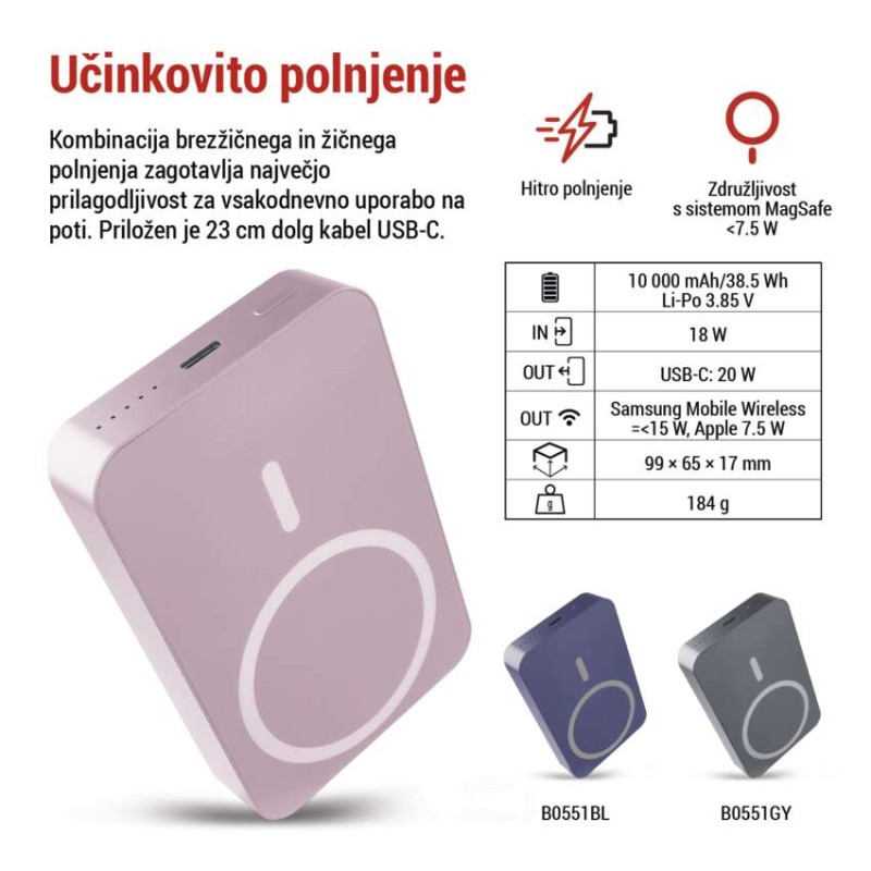 EMOS powerbank WI 1046, 10 000 mAh, 20 W+Wireless, lososova
