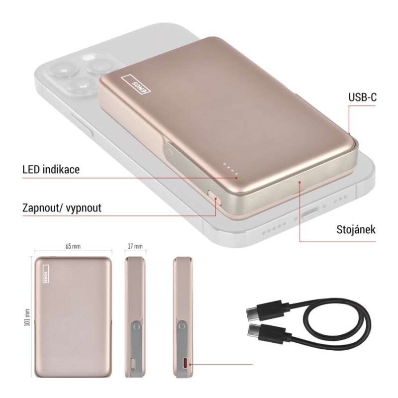 Powerbanka EMOS WI 1031, 10 000 mAh, 20 W + wireless, růžovo-zlatá