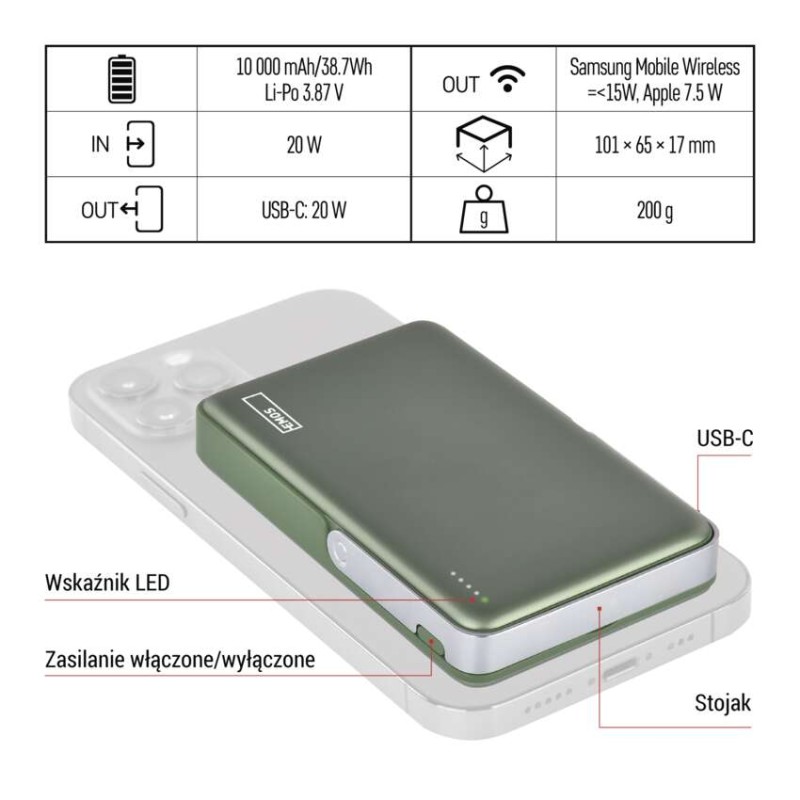 Powerbank EMOS WI 1031, 10 000 mAh, 20 W+Wireless, army-green