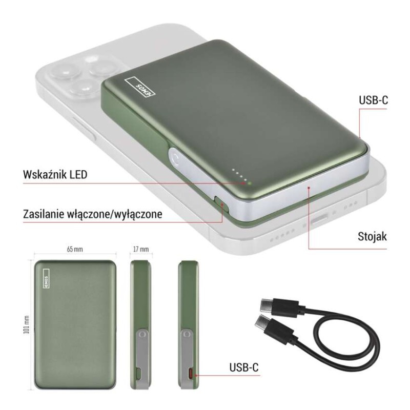 Powerbank EMOS WI 1031, 10 000 mAh, 20 W+Wireless, army-green