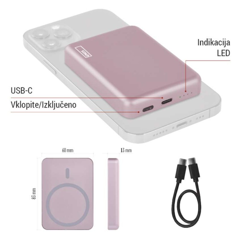 EMOS powerbank WI 522, 5 000 mAh, 20 W+Wireless, lososova