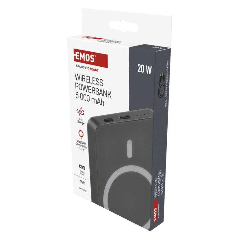 Powerbank EMOS WI 522, 5 000 mAh, 20 W+Wireless, grau