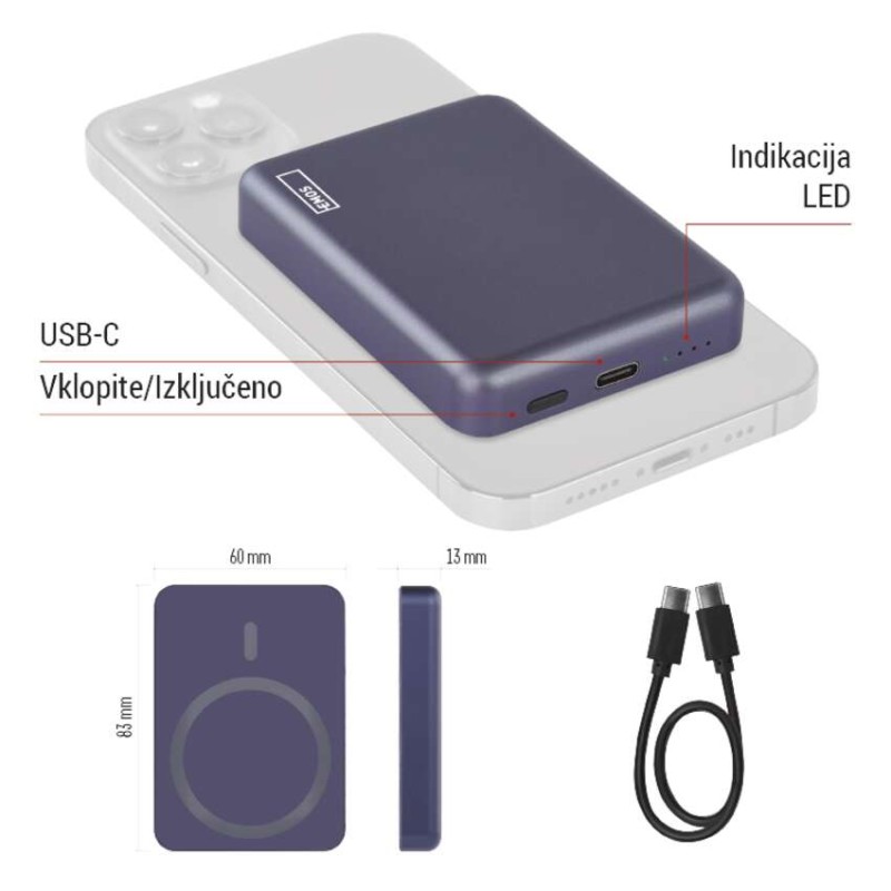 EMOS powerbank WI 522, 5 000 mAh, 20 W+Wireless, modra