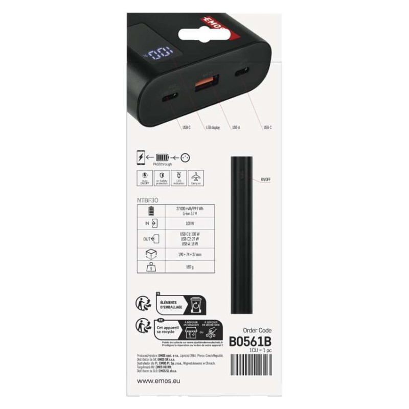 Powerbank EMOS NTBF30, 27 000 mAh, 100 W PD, schwarz