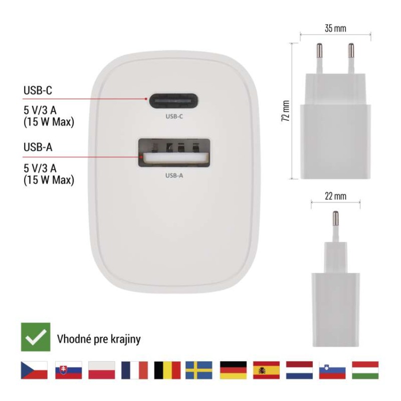 Univerzálny USB adaptér BASIC do siete 15 W max.
