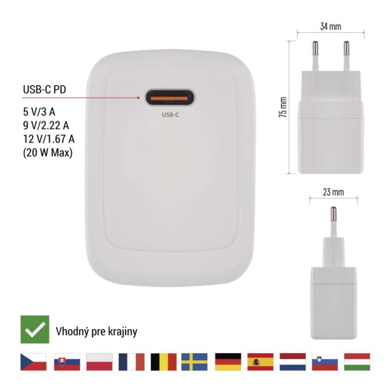 Univerzálny USB adaptér GaN do siete PD 20 W max.