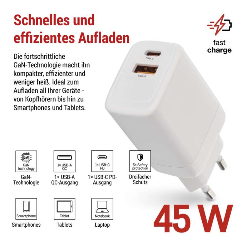 USB Netzadapter GaN PD 45 W max.