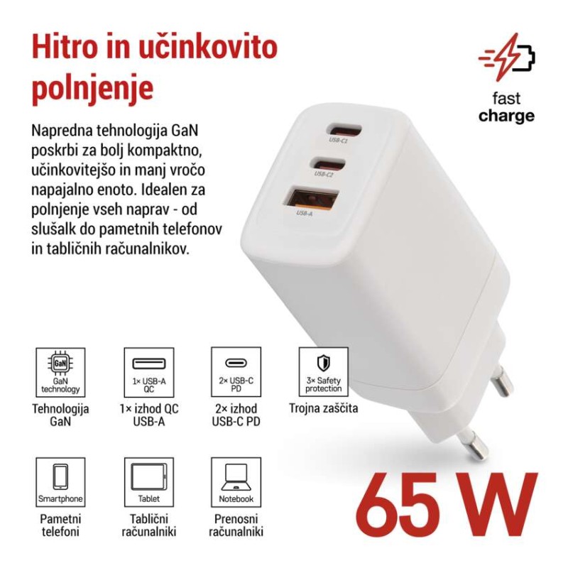 USB polnilec hišni GaN PD 65 W max.