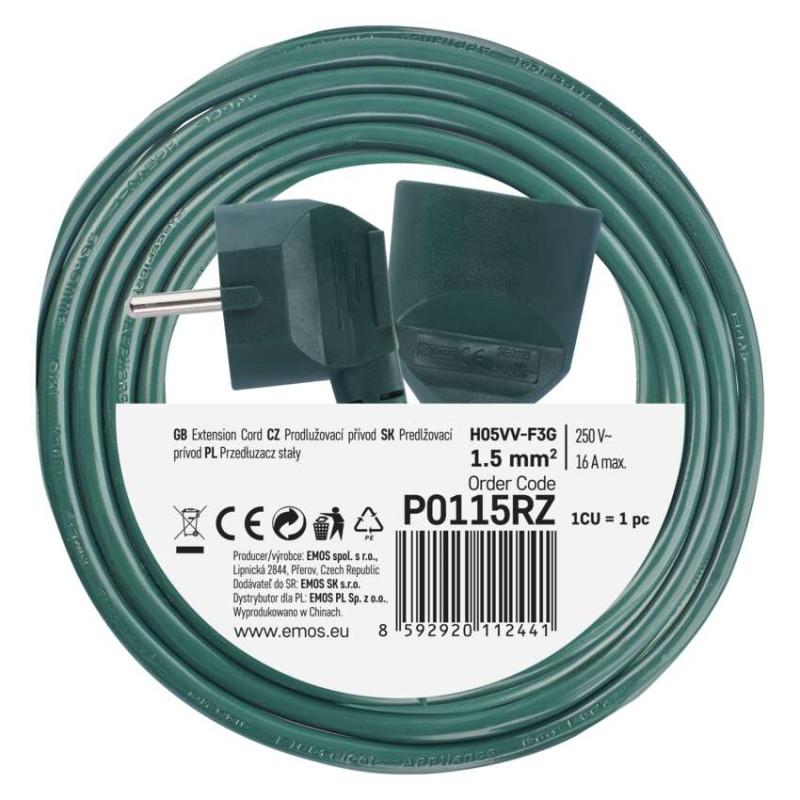 Przedłużacz 5 m / 1 gniazdo / zielony / PVC / 1,5 mm2